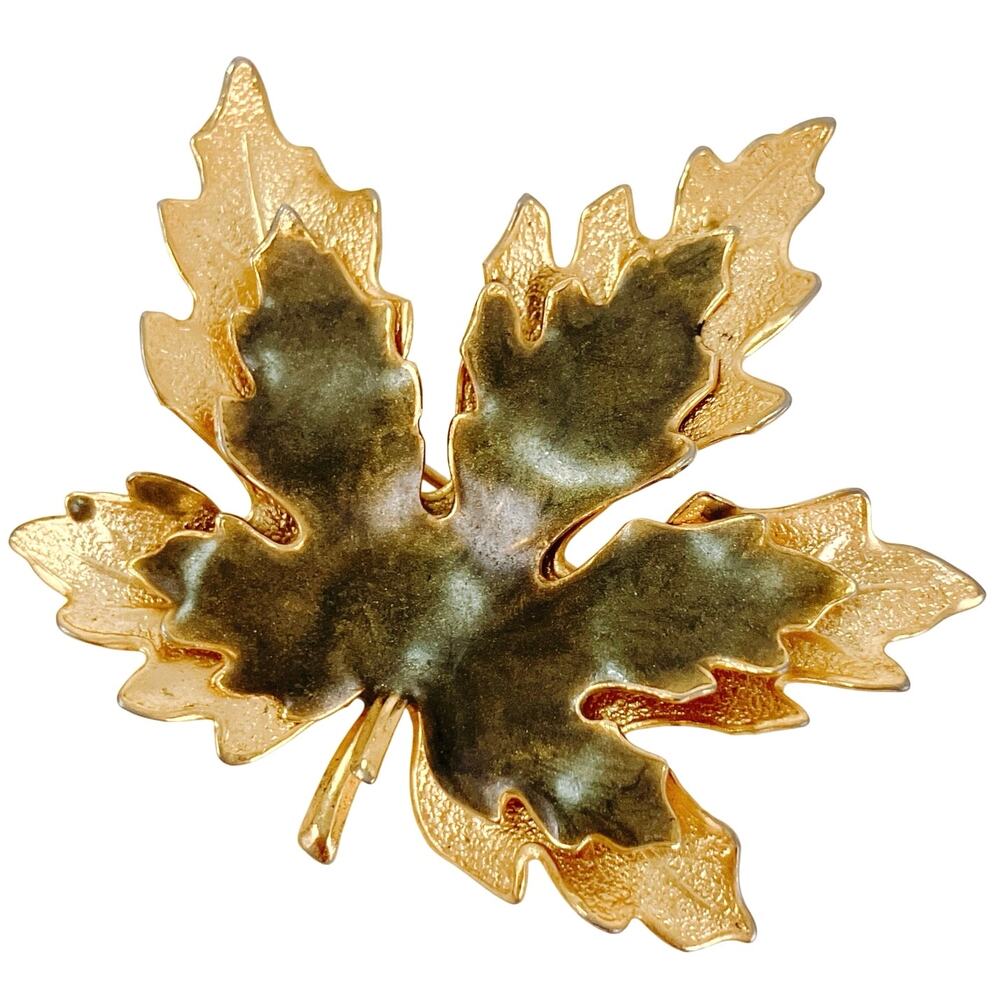 Vintage Gold Tone Maple Leaf Brooch Green Enamel Mid Century Autumn Fall Jewelry